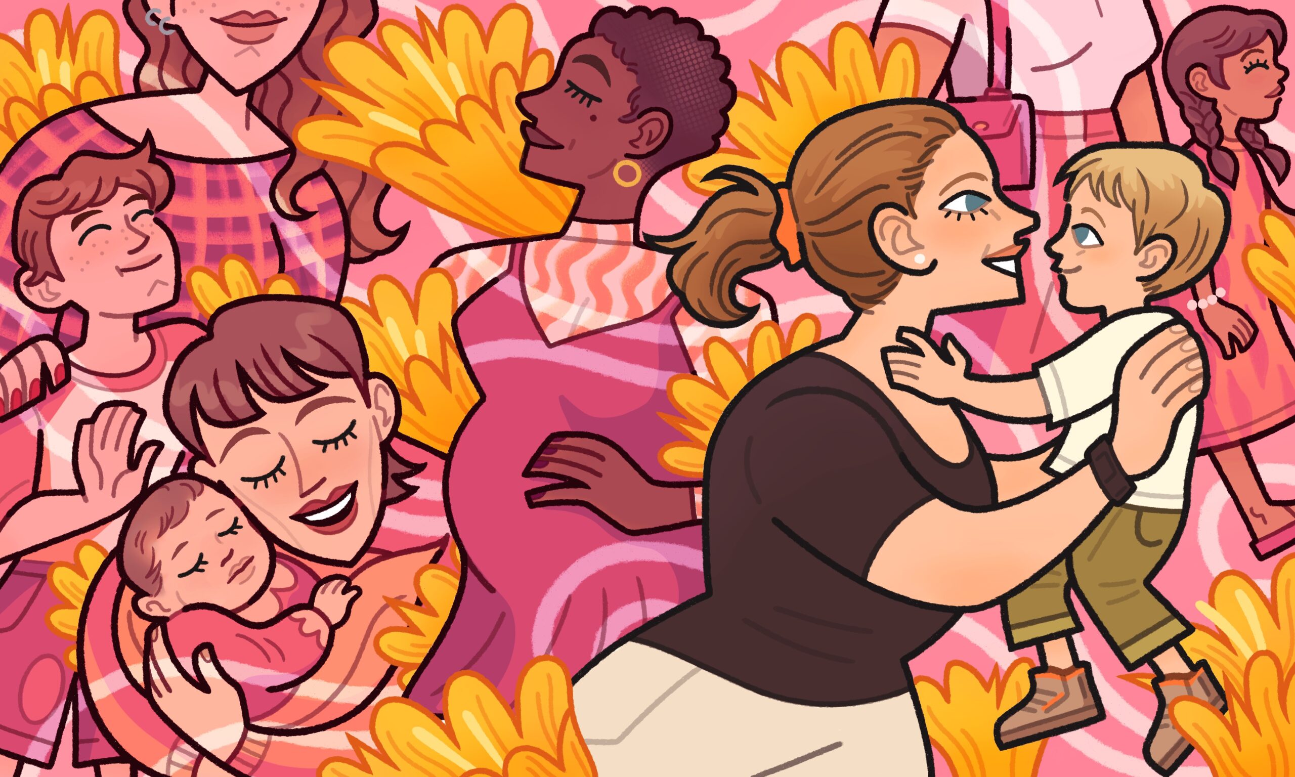 In the illustration, there is a group of warm and exuberant single mothers alongside—and in various stages—their children. In the right corner you can see Sara Lane and her son sharing a happy embrace. The piece has a lot of movement and is characterized with warm magentas, pinks, and peaches. Alongside the figures, there are large yellow flowers emerging in the background.