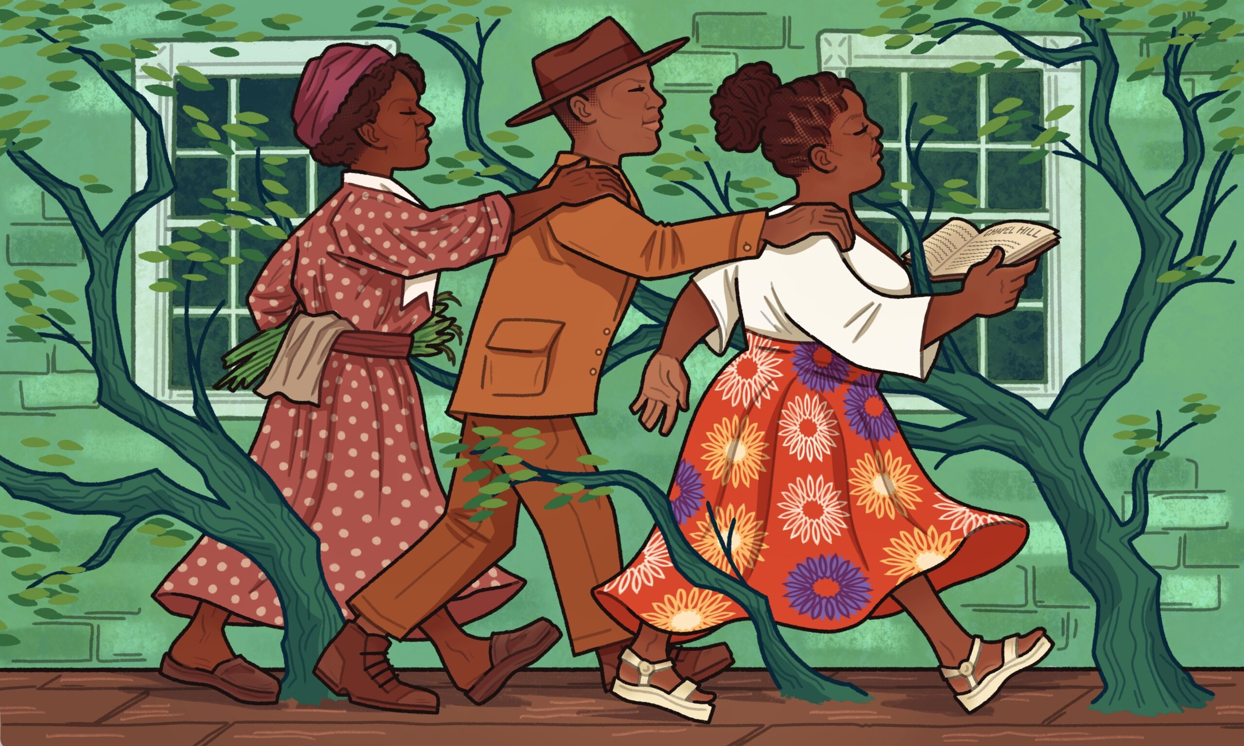 In the illustration, there are three figures striding forward through the nature and structure of the home in Chapel Hill. The first figure, Danita Mason-Hogans, is supported and steadied by the hands of her ancestors—one from the Civil Rights era, and the other from the time of enslavement. They have confident but calm expressing, and Danita holds a history book in her hand about Chapel Hill. Around them, there are trees sprouting from the ground, green bark and bright leaves. And behind you can see windows and bricks to represent the house.