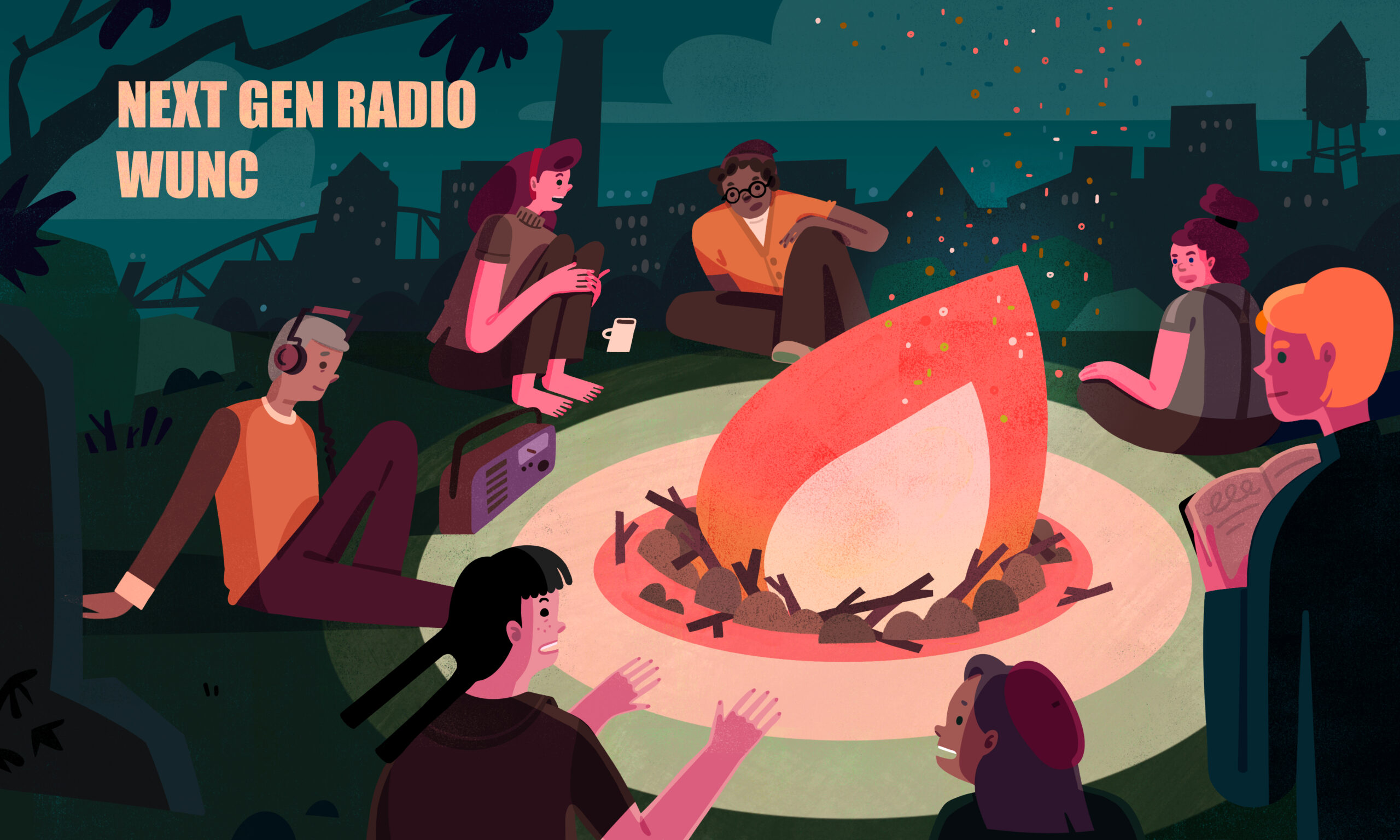 Illustration of a storytelling scene with 6 people around a campfire for WUNC Next Generation Radio.